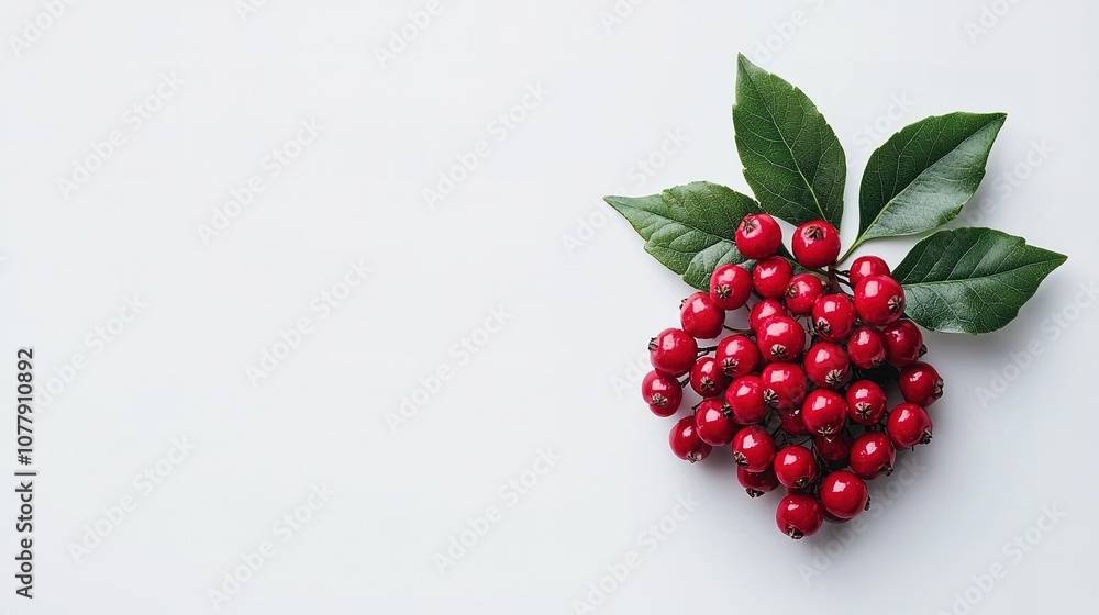 Red berry cluster with green leaves, set against a white background Red berry cluster with green leaves, set against a white background