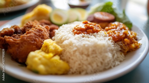 Closeup of Singaporean nasi lemak with coconut rice fried chicken and sambal served in a vibrant hawker center photo