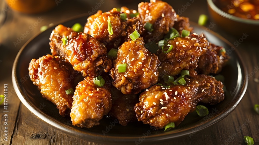 A plate of Korean fried chicken, crispy double-fried chicken tossed in a sweet and spicy sauce.
A plate of Korean fried chicken, crispy double-fried chicken tossed in a sweet and spicy sauce.