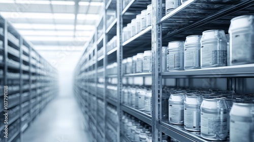 Rows of various beverages stacked neatly in a chilly storage warehouse  creating a vibrant display of colors and textures.