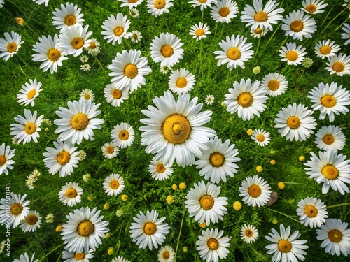 Aerial View of a Vibrant Field of Daisies Surrounded by Lush Green Grass, Showcasing Nature's Beauty and Floral Splendor in Full Bloom for Nature Lovers and Floral Enthusiasts