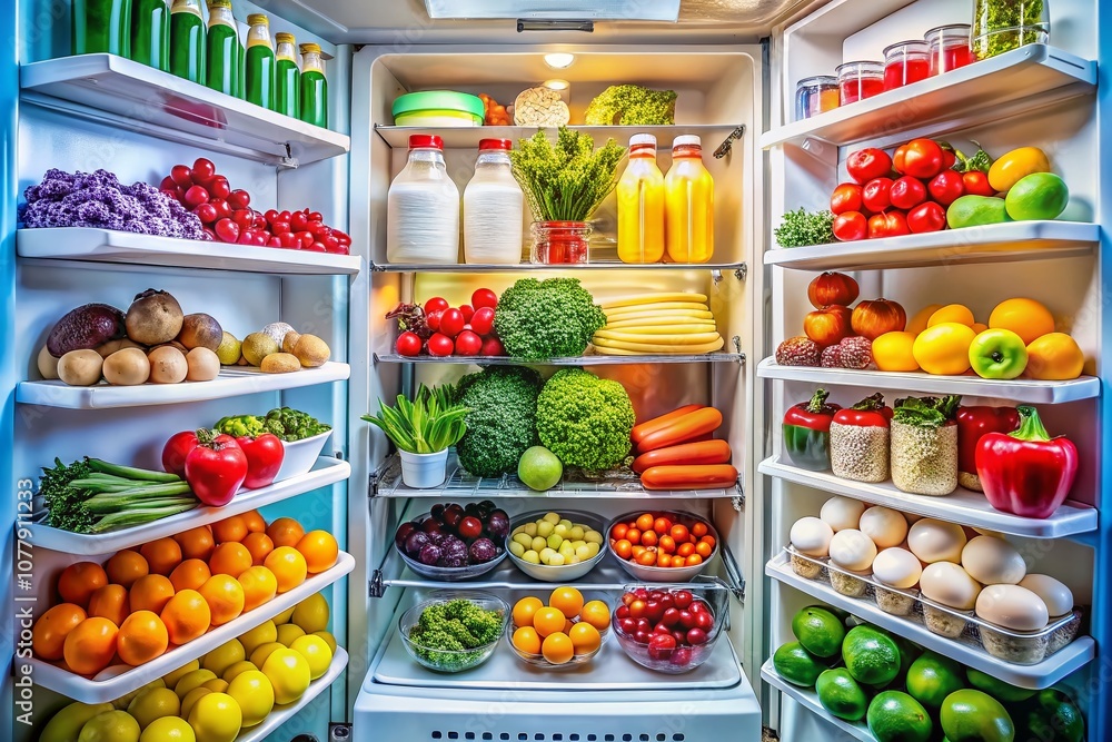 Aerial View of a Well-Organized Fridge Filled with Fresh Foodstuffs, Including Fruits, Vegetables, Dairy, and Condiments for a Healthy Lifestyle Aerial View of a Well-Organized Fridge Filled with Fresh Foodstuffs, Including Fruits, Vegetables, Dairy, and Condiments for a Healthy Lifestyle
