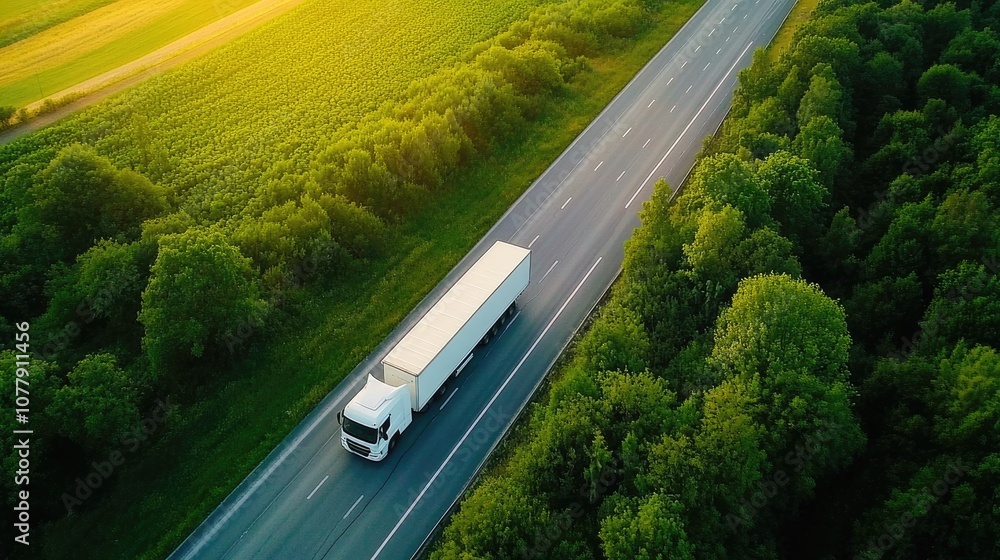 Aerial View of a White Semi-Truck on a Highway