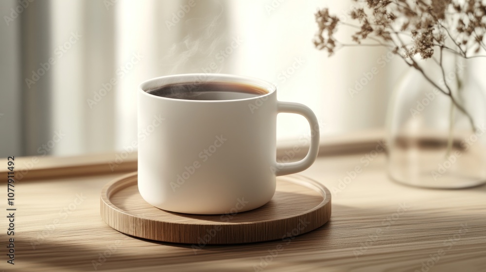 A steaming cup of coffee on a wooden coaster with a delicate floral arrangement in the background. A steaming cup of coffee on a wooden coaster with a delicate floral arrangement in the background.