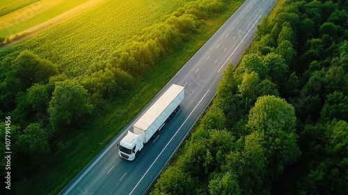 Obraz na płótnie Aerial View of a White Semi-Truck on a Highway w salonie