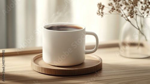 A steaming cup of coffee on a wooden coaster with a delicate floral arrangement in the background.