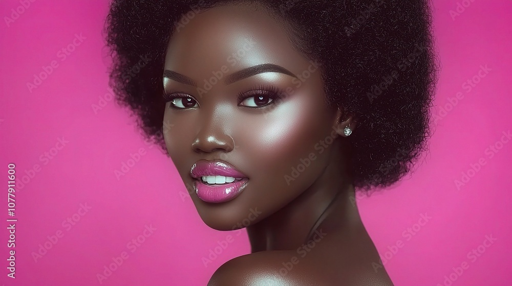 Stunning Portrait of a Black Woman with Radiant Skin and Curly Hair Against a Vibrant Pink Background, Capturing Beauty and Confidence in Every Detail Stunning Portrait of a Black Woman with Radiant Skin and Curly Hair Against a Vibrant Pink Background, Capturing Beauty and Confidence in Every Detail