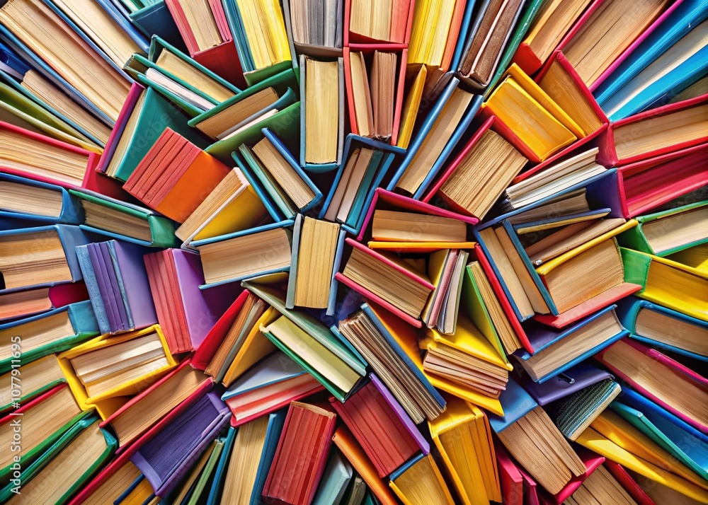 Aerial View of Colorful Stacked Books Creating a Vibrant Mosaic of Literature and Knowledge in an Artistic Display for Educational and Creative Themes Aerial View of Colorful Stacked Books Creating a Vibrant Mosaic of Literature and Knowledge in an Artistic Display for Educational and Creative Themes