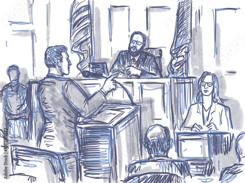 Pen and ink sketch illustration of courtroom trial with judge and defendant, plaintiff, witness testifying in cross examination by prosecutor in court case or judiciary court of law and justice.