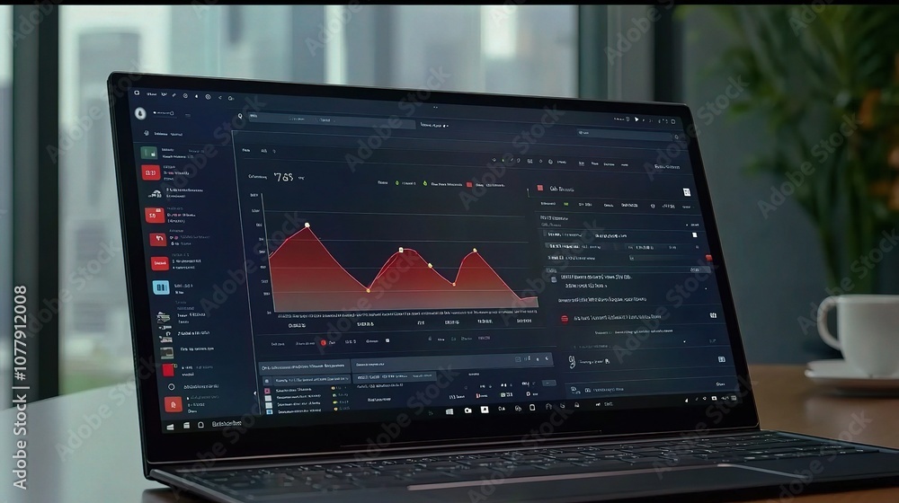 Business analytics displayed on a laptop screen showcasing performance metrics and data visualizations in a modern office setting with city views Business analytics displayed on a laptop screen showcasing performance metrics and data visualizations in a modern office setting with city views