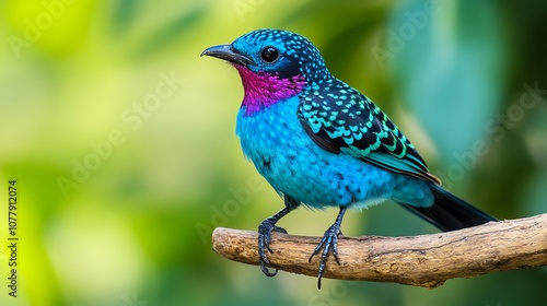 Bright Exotic Bird with Blue and Purple Feathers on Branch