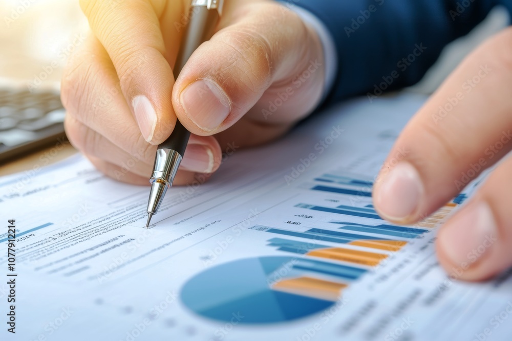 A person analyzes financial data using a pen, reviewing charts and graphs on a document, emphasizing analytical work and data interpretation. A person analyzes financial data using a pen, reviewing charts and graphs on a document, emphasizing analytical work and data interpretation.