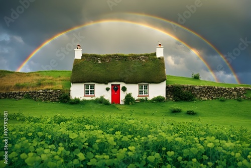 A traditional irish cottage surrounded by wild green fields with shamrocks growing all around, AI Generated photo