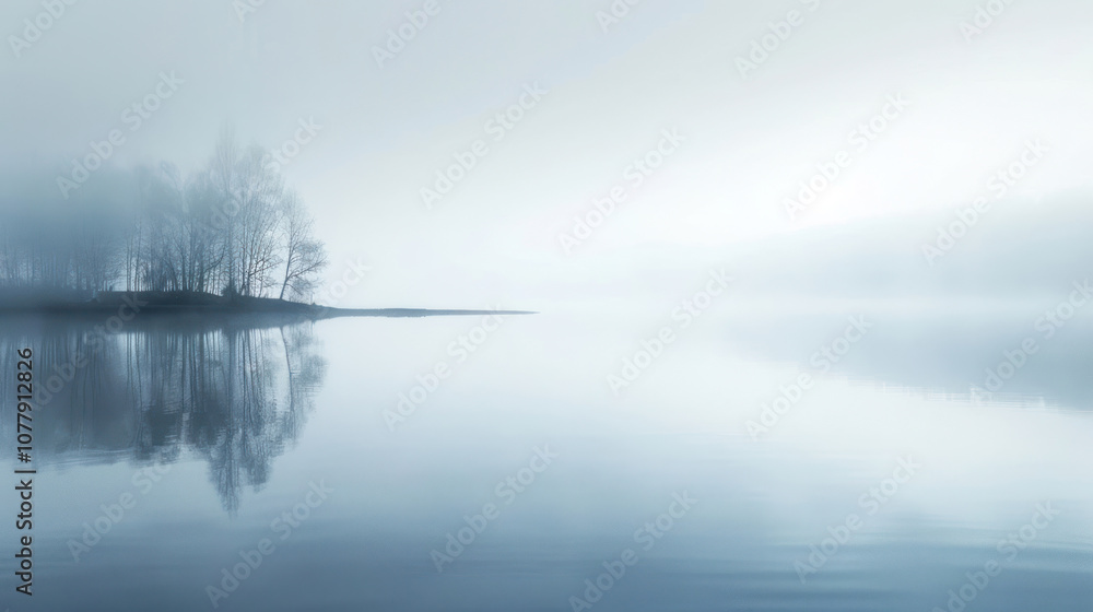 Fototapeta premium Early morning lake reflection with soft mist hovering above the water, the scene calm and mystical