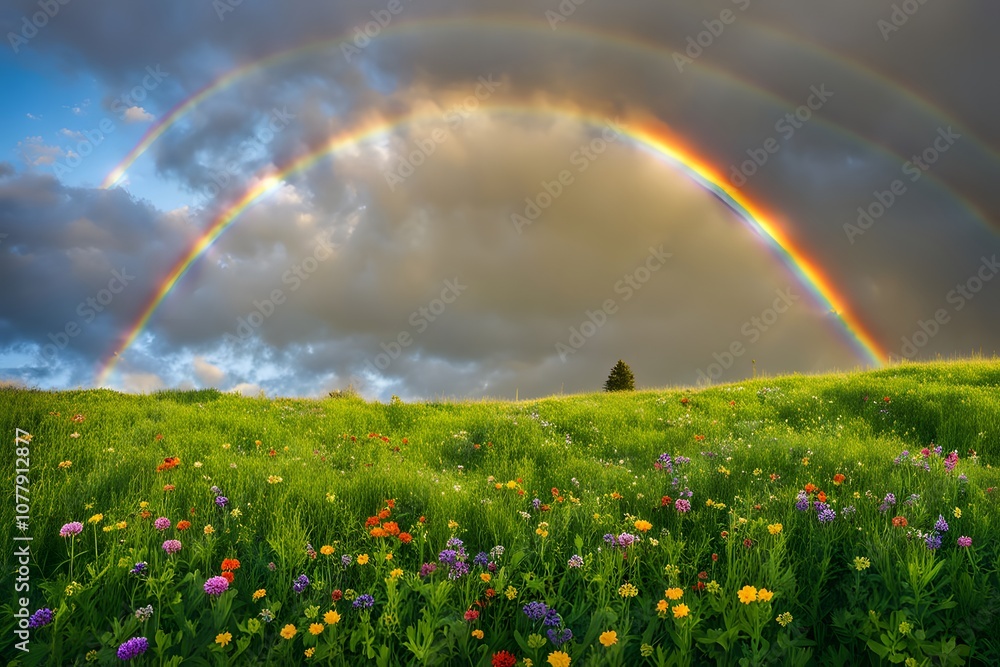 Naklejka premium A vibrant colorful rainbow arcing over a peaceful irish meadow filled with clovers and wildflowers, AI Generated