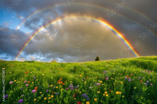 A vibrant colorful rainbow arcing over a peaceful irish meadow filled with clovers and wildflowers, AI Generated photo