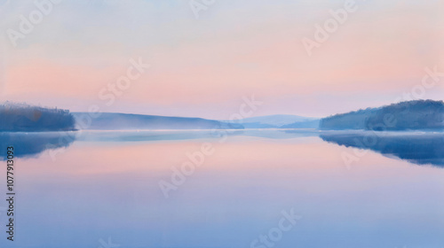 Early morning over a calm lake, the water still and glassy, reflecting the soft pastel colors of the sunrise