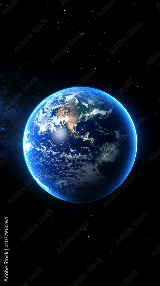 Fototapeta premium Earth in space universe planet with shiny star dark blue technology science background with copy space. astronomy starry sky shimmering glow wallpaper