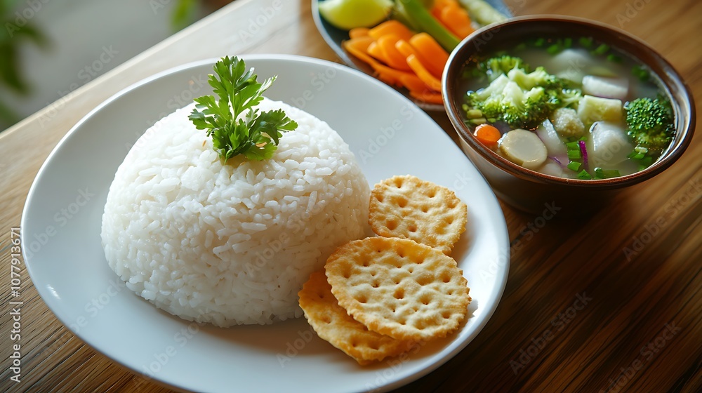Rice Meal with Crackers and Soup Rice Meal with Crackers and Soup