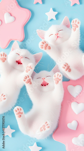 Collage of cute cat kitties with cheerful happy pose paws print celebrate festive sticker pink blue background. star and heart sticker decoration fun playful party fashion new year pet wallpaper