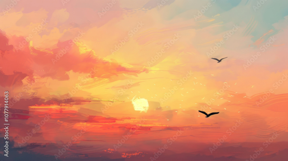 Fototapeta premium Evening sky with kites still flying high, their silhouettes dark against the soft colors of sunset.