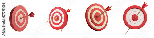 Set of a 3D red target with an arrow hitting the center, isolated on transparent background