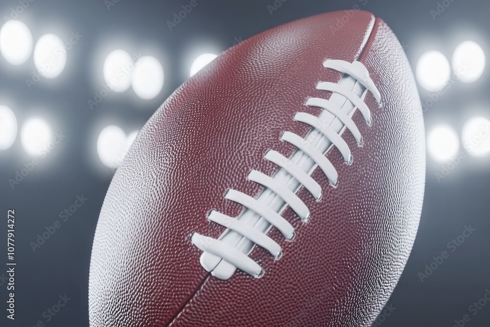 A close-up of an American football with stadium lights in the background. A close-up of an American football with stadium lights in the background.
