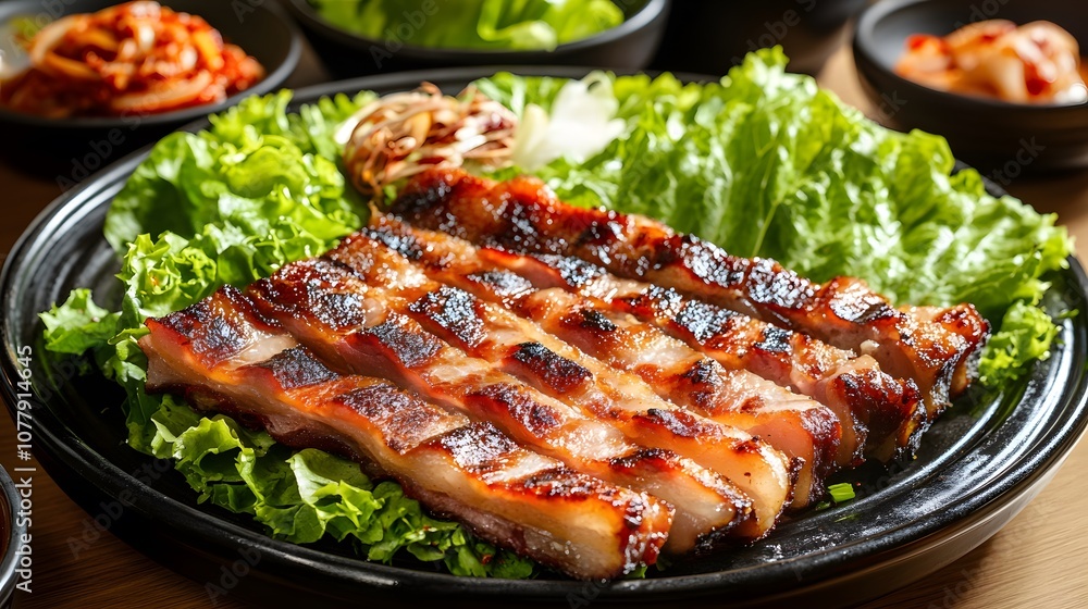 A plate of samgyeopsal, grilled pork belly served with lettuce, garlic, and ssamjang for wrapping.
A plate of samgyeopsal, grilled pork belly served with lettuce, garlic, and ssamjang for wrapping.
