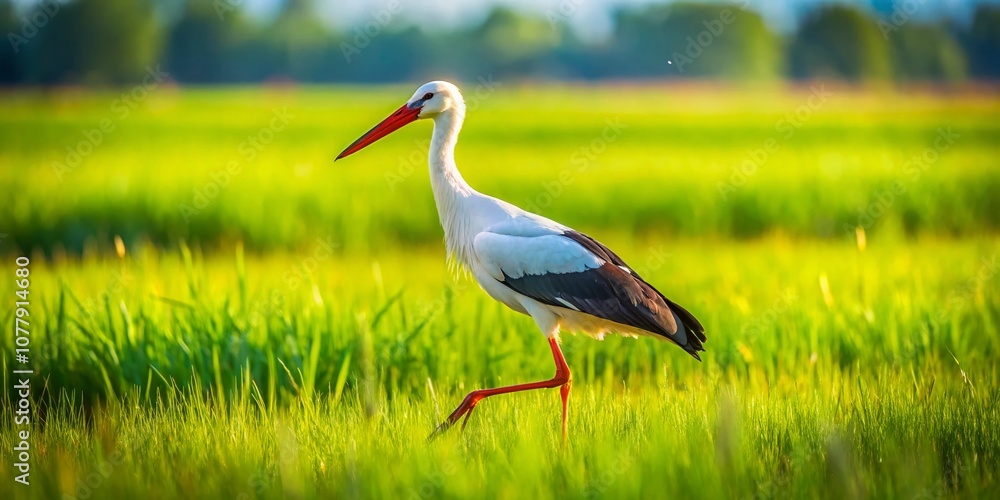 Fototapeta premium A Graceful Stork Walking Through a Lush Green Field on a Bright Sunny Day, Capturing Nature’s Beauty in the Rule of Thirds Composition for Stunning Visual Appeal