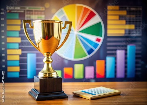 A Gold Trophy Symbolizing Achievement and Success with Colorful Graphs and Charts in a Professional Setting, Perfect for Business and Motivation Themes