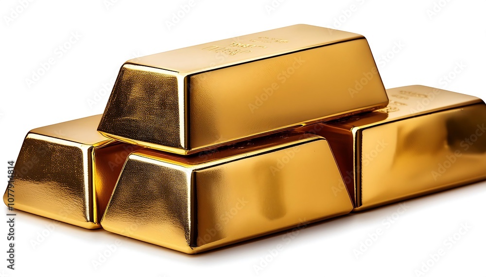 Golden ingots, symbols of wealth and financial success, stacked high on a pristine white background Golden ingots, symbols of wealth and financial success, stacked high on a pristine white background