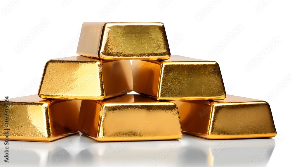 Golden ingots, symbols of wealth and financial success, stacked high on a pristine white background Golden ingots, symbols of wealth and financial success, stacked high on a pristine white background