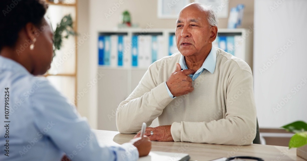 Obraz premium Hospital, sore throat and doctor with mature man for medical service, help and treatment. Healthcare, clinic and woman consulting with mature patient in discussion for exam, diagnosis and symptoms