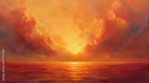 Golden sunset sky over a calm ocean, with the sun dipping below the horizon, painting the clouds in rich hues of red and orange.