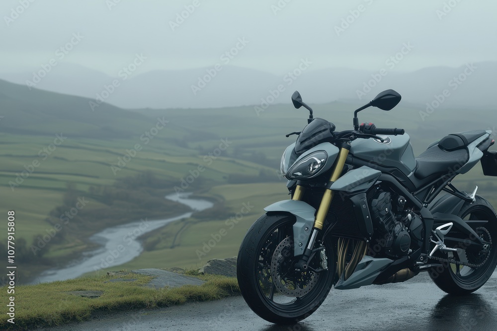 A grey motorcycle parked on a winding road overlooking a valley with a river and rolling hills in the background. The weather is cloudy and misty. A grey motorcycle parked on a winding road overlooking a valley with a river and rolling hills in the background. The weather is cloudy and misty.