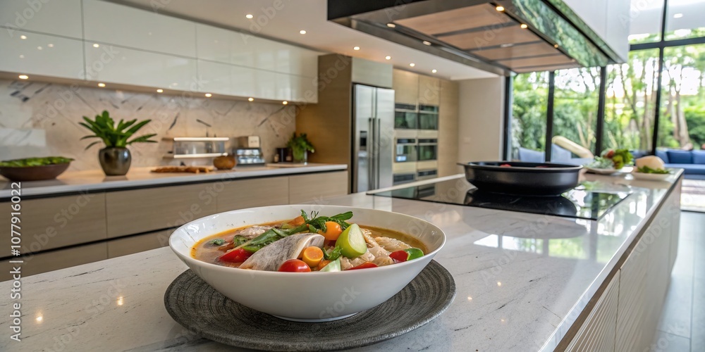 Architectural Photography of a Modern Kitchen Featuring a Bowl of Fish Sinigang with Contemporary Design Elements, Highlighting the Fusion of Culinary Art and Interior Space Architectural Photography of a Modern Kitchen Featuring a Bowl of Fish Sinigang with Contemporary Design Elements, Highlighting the Fusion of Culinary Art and Interior Space
