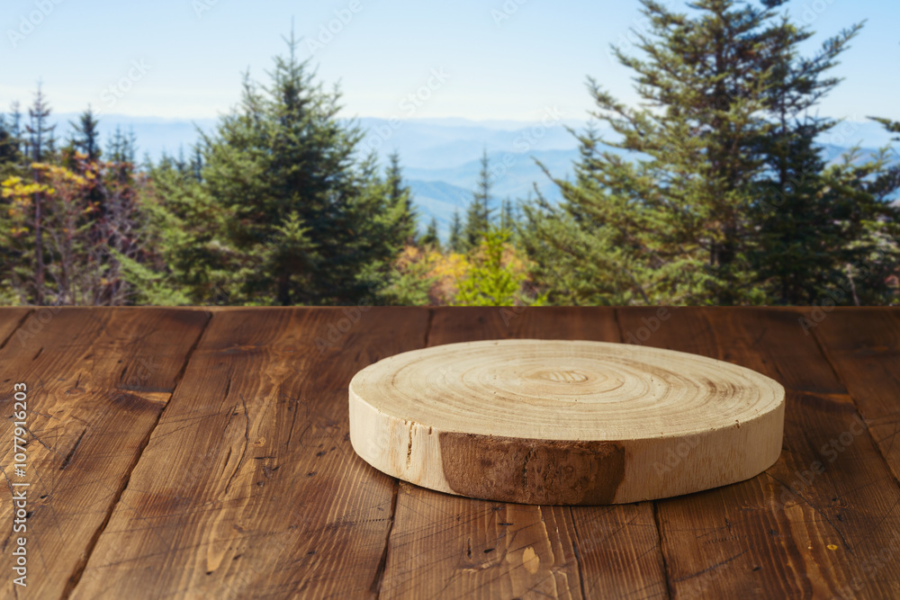 Empty Table Log Empty wooden log on rustic table over nature landscape background ...