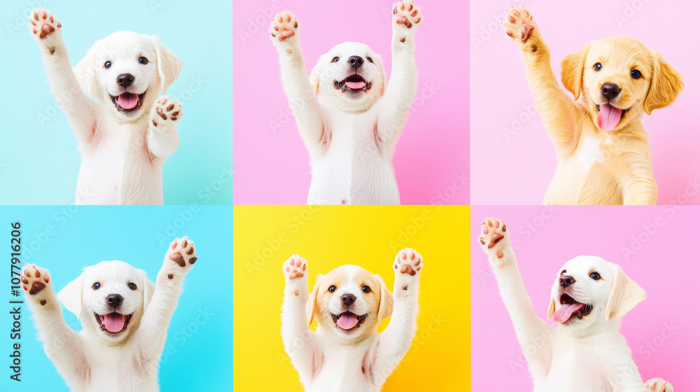 Collage of cute dog puppies with cheerful happy pose paws print celebrate festive sticker pink blue background. star and heart sticker decoration fun playful party fashion new year pet adorable wallpa Collage of cute dog puppies with cheerful happy pose paws print celebrate festive sticker pink blue background. star and heart sticker decoration fun playful party fashion new year pet adorable wallpa