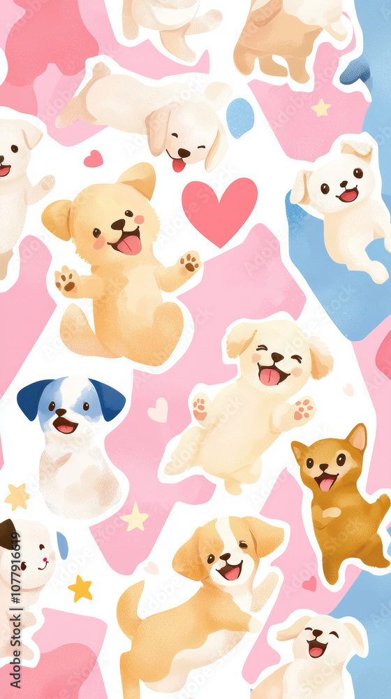 Illustration collage of cute dog puppies with cheerful happy pose paws print celebrate festive sticker pink blue background. star and heart sticker decoration fun party fashion pet adorable wallpa Illustration collage of cute dog puppies with cheerful happy pose paws print celebrate festive sticker pink blue background. star and heart sticker decoration fun party fashion pet adorable wallpa