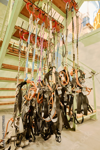 Protective belts with carabines and other equipment for hiking and extreme sports hanging beneath ceiling of shop photo