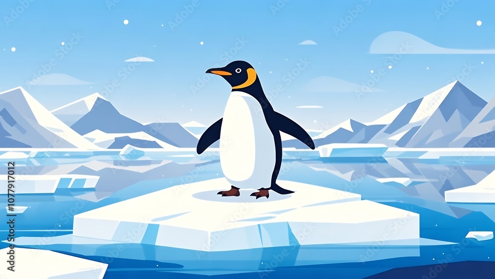 Obraz premium A cute, flat design of a penguin on an iceberg - A cheerful vector illustration of a penguin standing on an iceberg, with a clean, cartoonish design and a minimalist color palette of blues and whites.
