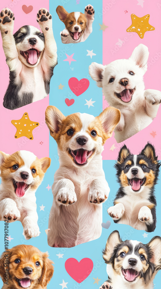 Collage of cute dog puppies with cheerful happy pose paws print celebrate festive sticker pink blue background. star and heart sticker decoration fun playful party fashion new year pet adorable wallpa Collage of cute dog puppies with cheerful happy pose paws print celebrate festive sticker pink blue background. star and heart sticker decoration fun playful party fashion new year pet adorable wallpa