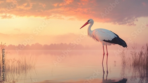 A lone white stork stands in a misty lake at sunrise, its reflection mirrored in the water.