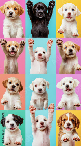 Collage of cute dog puppies with cheerful happy pose paws print celebrate festive sticker colorful background. star and heart sticker decoration fun playful party fashion new year pet adorable wallpa