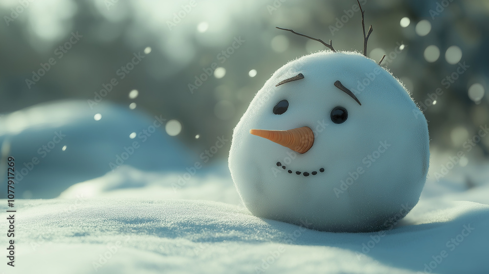 Obraz premium Realistic close-up of a small snowman with a sad, gloomy expression in a winter setting