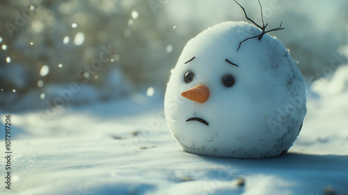 Realistic close-up of a small snowman with a sad, gloomy expression in a winter setting