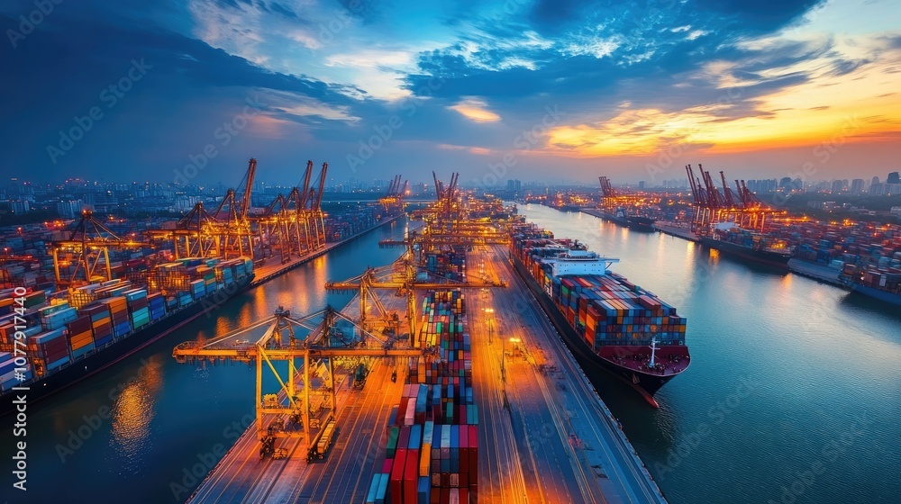 Container Ships Docked at a Busy Harbor During Sunset Container Ships Docked at a Busy Harbor During Sunset