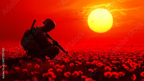 A soldier kneeling in a field of vibrant red poppies at dawn symbolizing reflection and respect for Remembrance Day  The silhouetted figure creates a poignant and emotional scene