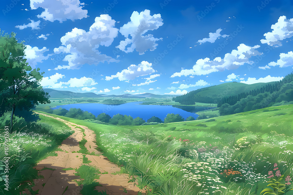 a painting of a landscape with a river and clouds. Generative AI a painting of a landscape with a river and clouds. Generative AI