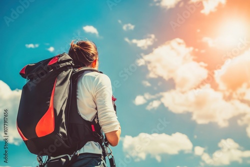 A woman with a backpack looking up at the sky with a bright sun shining through the clouds.